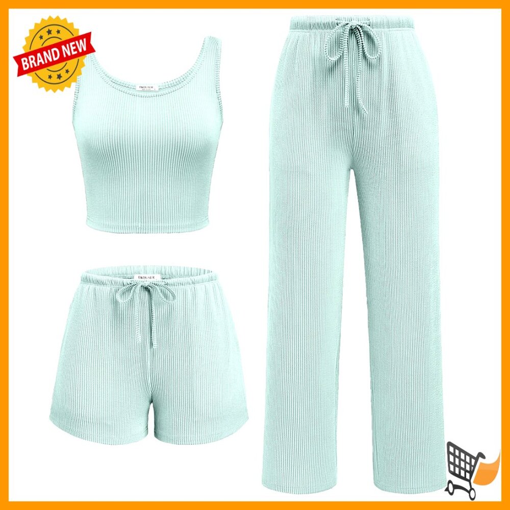 3 Piece Lounge Set Soft Twisted Rib Knit Tank Top Shorts Pants Set